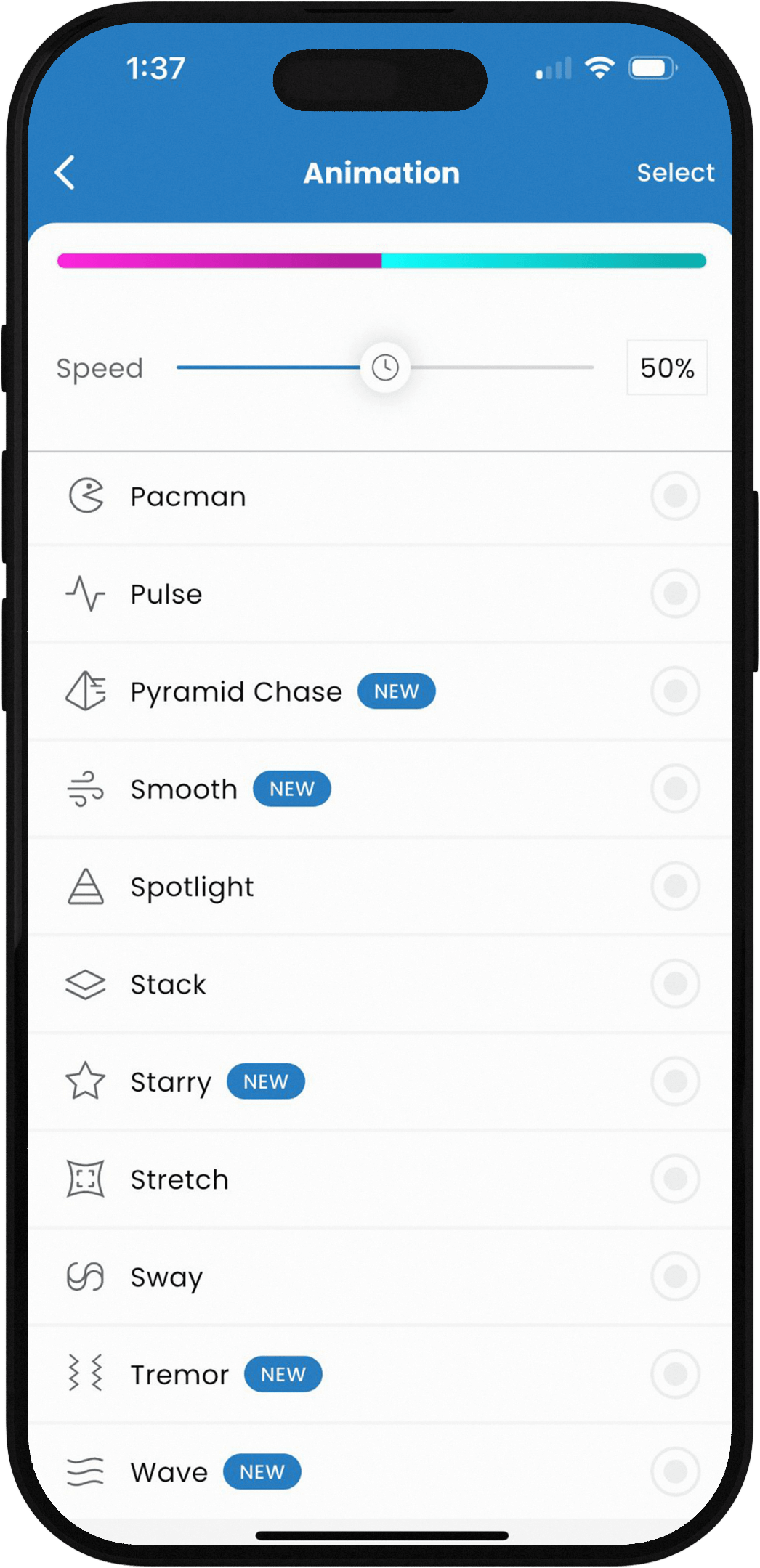 Spectrum Lighting iOS app animation settings on iPhone: colorful speed slider at 50%, Pacman selected, new effects like Pulse Chase, Pyramid Chase, Smooth, Stary, Stretch, Sway, Tremor, Wave for dynamic LED light animations - spectrumlightinginc.com