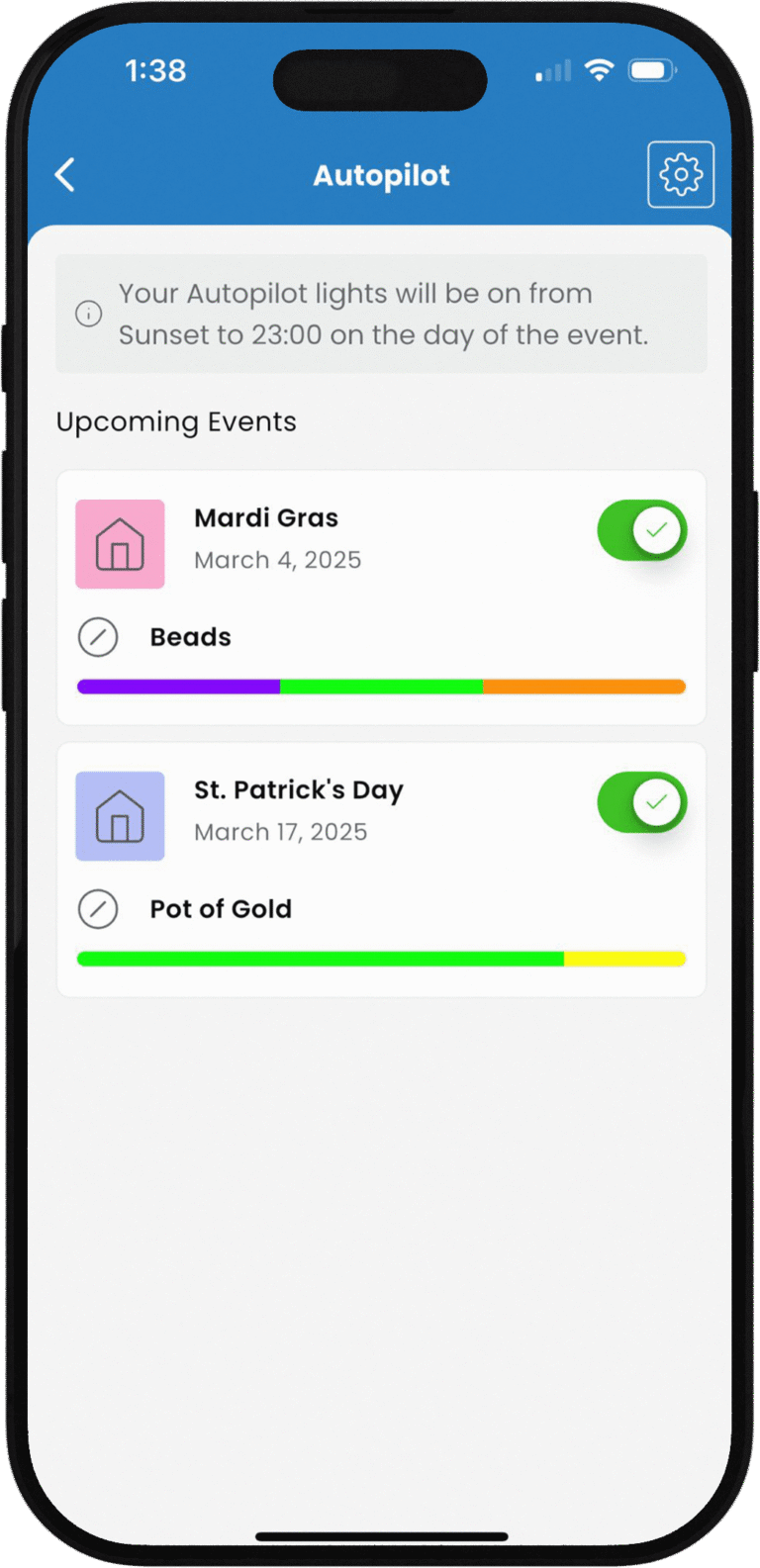 Spectrum Lighting iOS app Autopilot screen on iPhone showing upcoming holiday light automation events: Mardi Gras on March 4, 2025, St. Patrick's Day beads theme, and Pot of Gold on March 17, 2025, with lights scheduled from sunset to 2:00 AM for automatic smart holiday lighting.