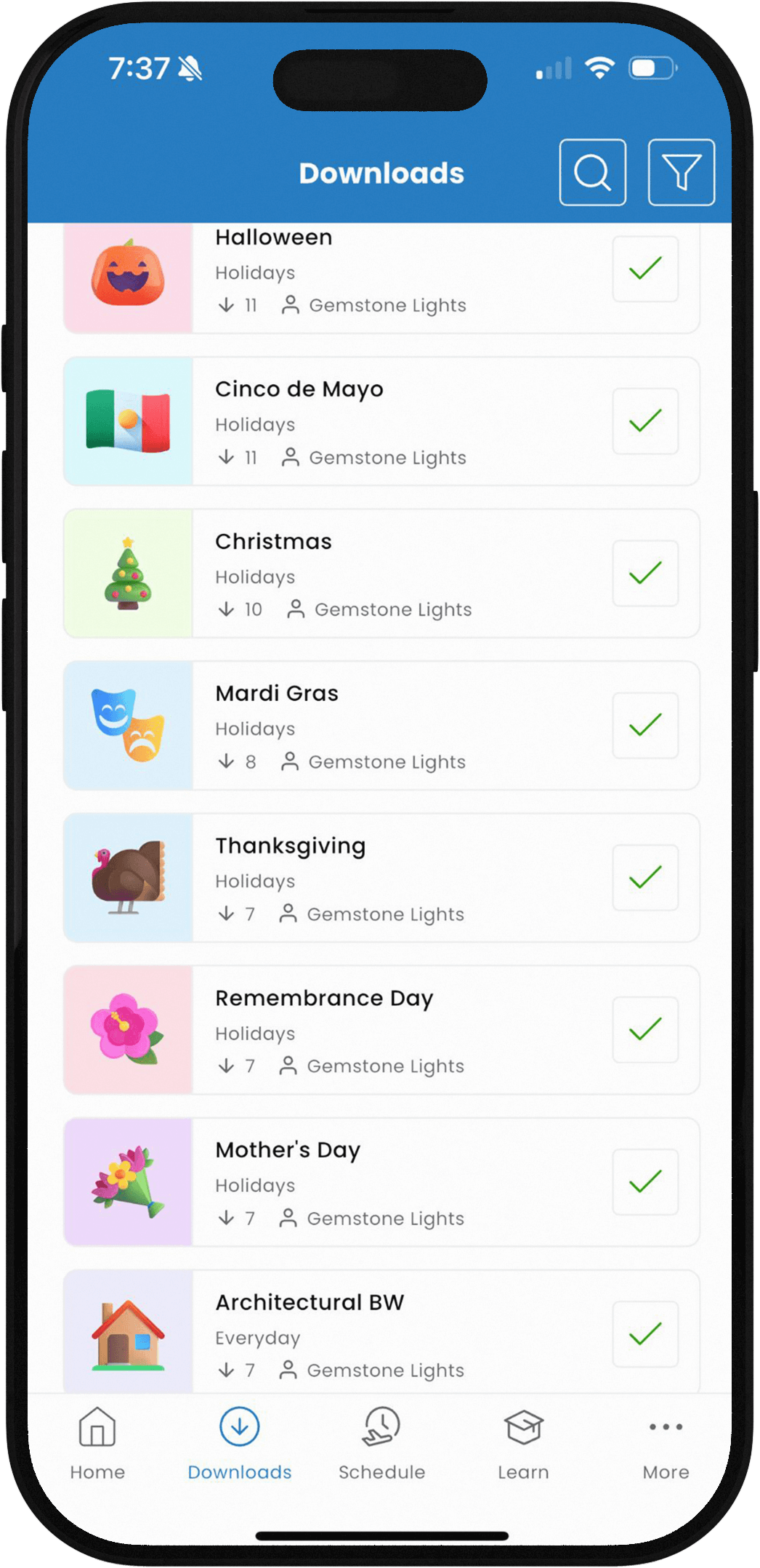 iPhone Downloads folder screenshot from Spectrum Lighting Inc. showcasing Gemstone Lights holiday and event lighting designs: Halloween Lights, Cinco de Mayo Lights, Christmas Lights, Mardi Gras Lights, Thanksgiving Lights, Mother's Day Lights, and Architectural BW Lights, all verified and downloaded for smart holiday lighting setups.