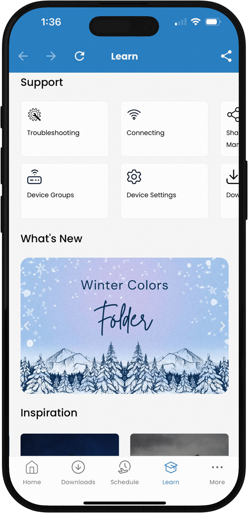 Spectrum Lighting iOS app Learn page screenshot: Support section with Troubleshooting, Connecting, Device Groups, and Device Settings; What's New featuring Winter Colors Folder with snowy mountains and trees; Inspiration tab; bottom navigation including Home, Downloads, Schedule, and Learn for smart lighting control.