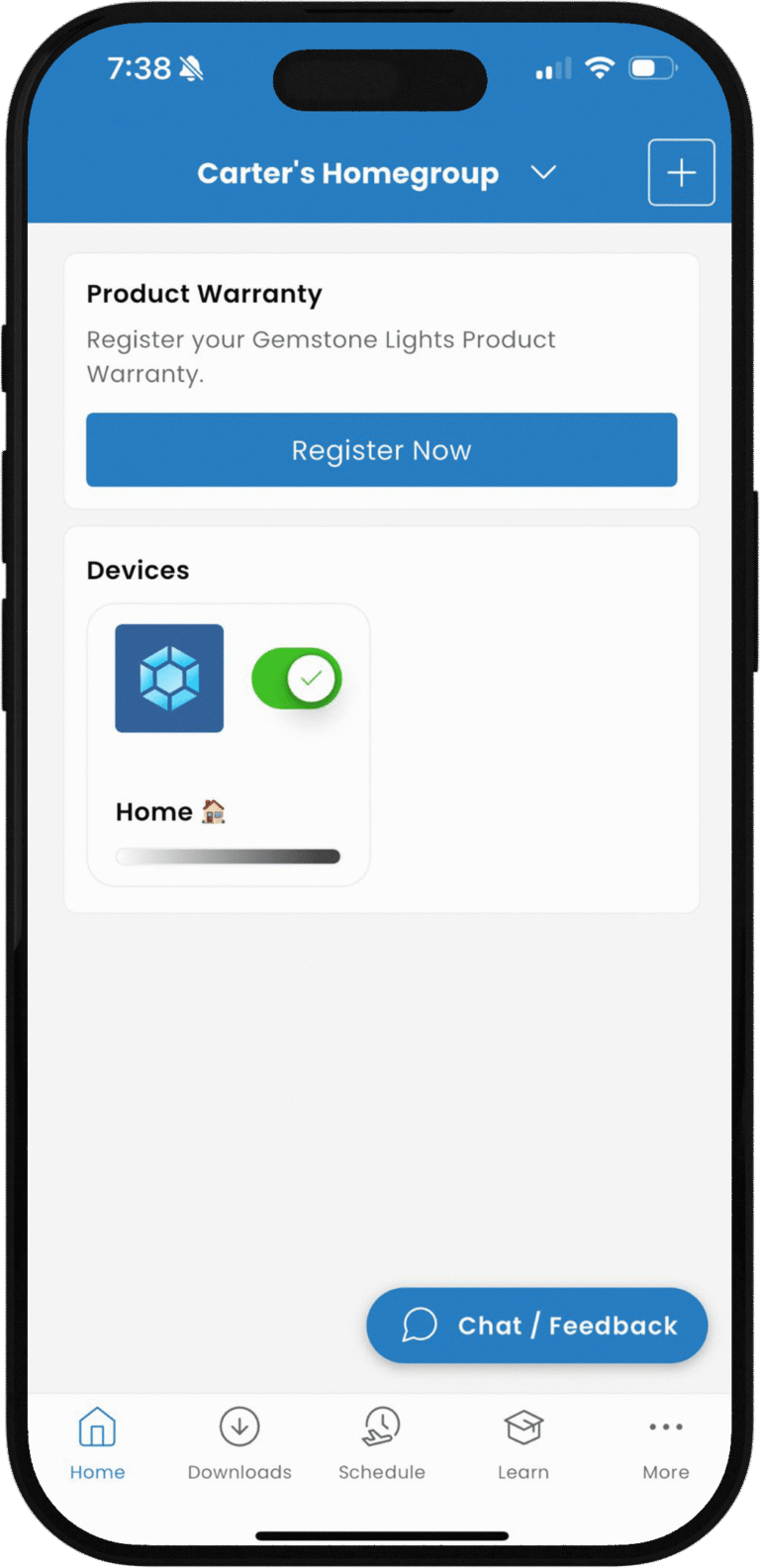 Carter's Home iOS app screenshot showing Gemstone Lights product warranty registration screen from Spectrum Lighting Inc. Features blue 'Register Now' button, connected devices list with green checkmarked Gemstone Lights and Home progress bar, bottom navigation for chat feedback, downloads, and learning resources.
