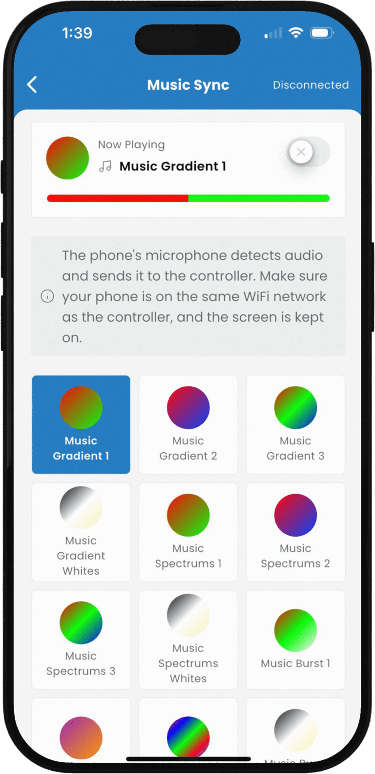 Spectrum Lighting iOS app Music Sync screenshot: Disconnected music visualization interface showing Now Playing Music Gradient 1, phone microphone audio detection to controller, WiFi network instructions, and colorful presets like Music Gradients, Spectrums, Whites, and Bursts for smart lights.