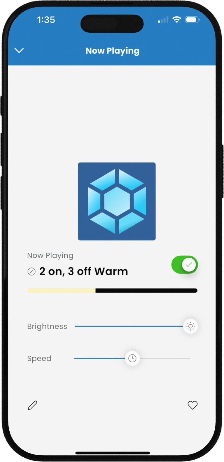 Spectrum Lighting iOS app Now Playing screen on iPhone showing smart light controls: on/off toggle enabled, brightness slider, warm light adjustment (2.0 to 3.0 checked), speed slider, blue crystal icon, for customizable lighting scenes - spectrumlightinginc.com
