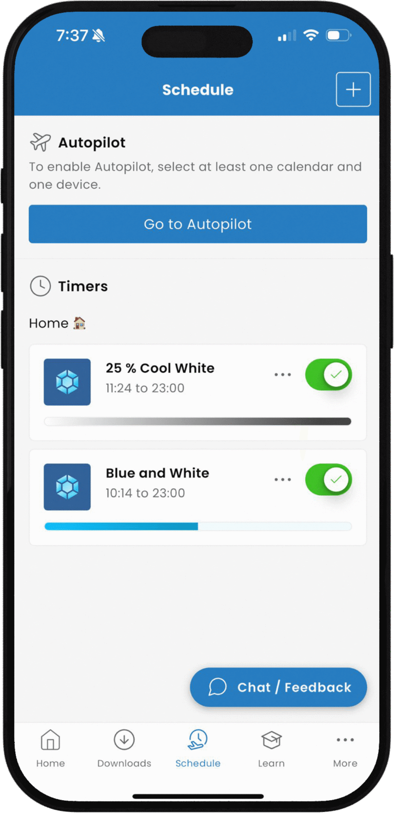 Spectrum Lighting iOS app Schedule page screenshot: Autopilot setup with calendar selection, active timers for Home at 25% Cool White (11:34 AM - 11:00 PM) and Blue & White (10:14 AM - 11:00 PM), chat feedback button for smart lighting automation.