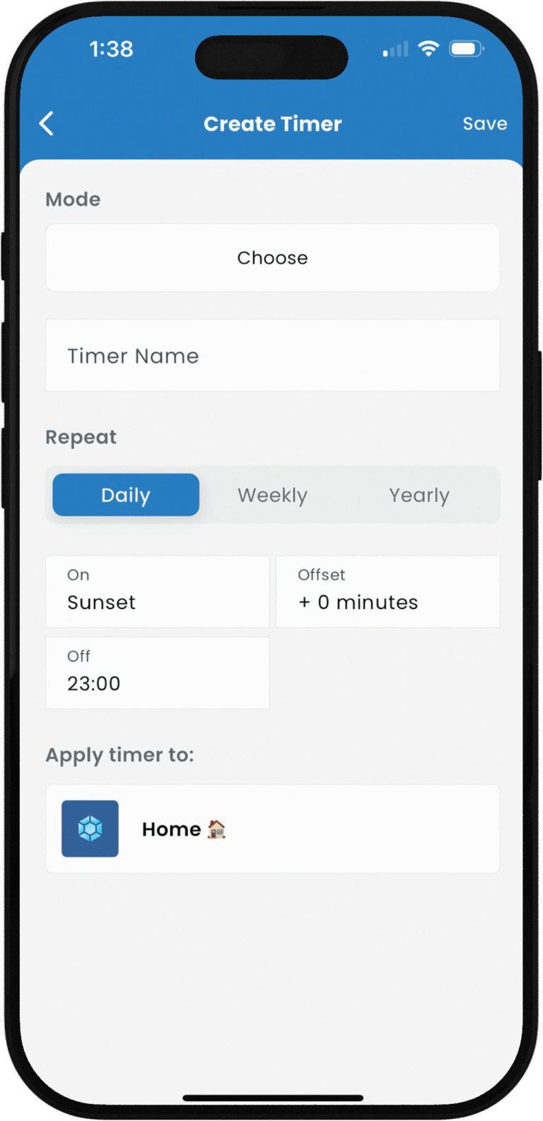 Spectrum Lighting iOS app screenshot: Create Timer screen with options for custom timer name, daily repeat schedule, sunset onset at 23:00 with +0 minutes offset, and apply to home smart lighting system – spectrumlightinginc.com smart home automation timer setup